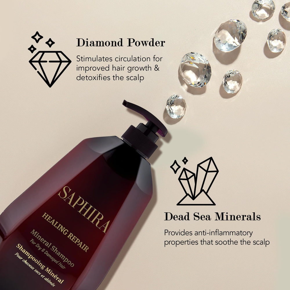 Saphira Healing Repair Shampoo label illustrates 26 minerals for moisture.
