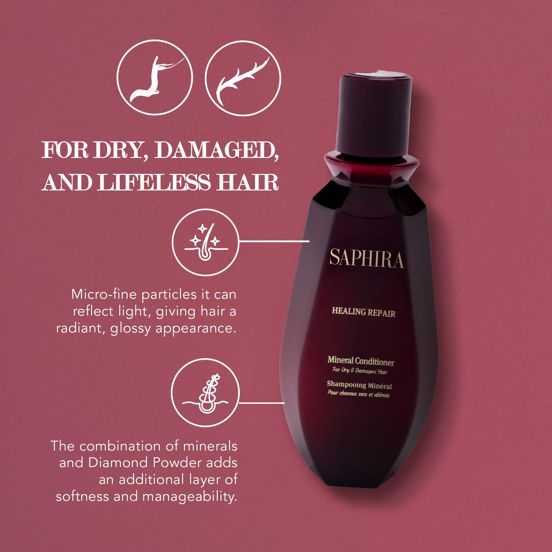 Saphira Healing Repair Conditioner bottle with pump demonstrates convenient, mess-free application