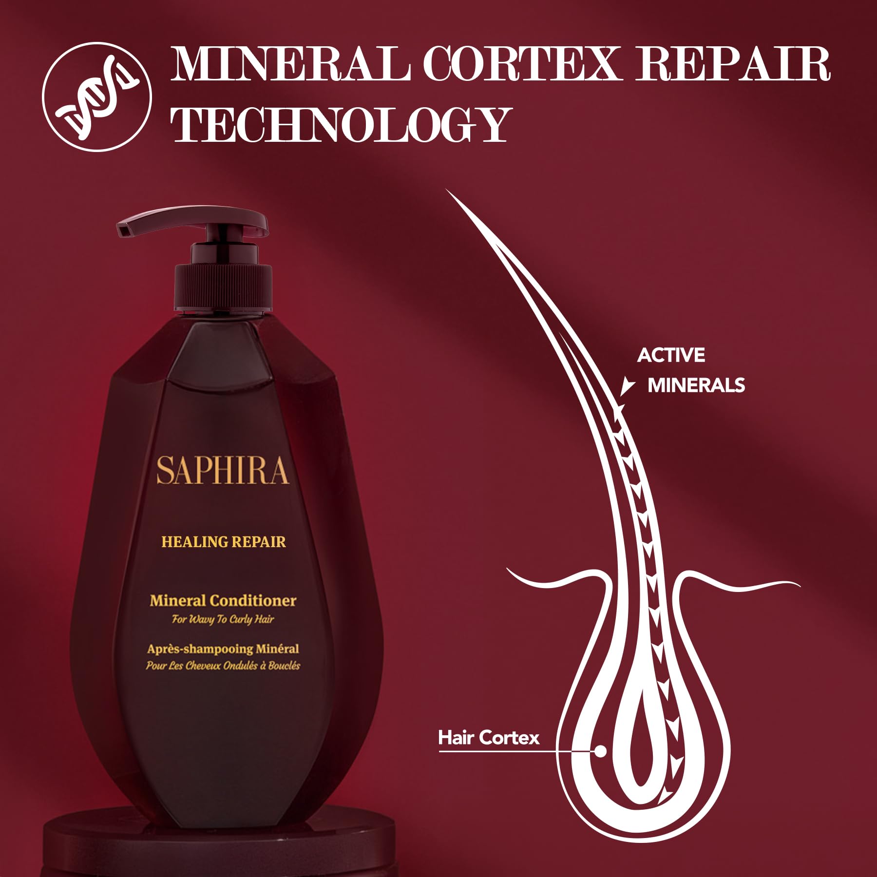 Saphira Healing Repair Conditioner bottle side view on a bathroom counter.