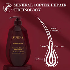 Saphira Healing Repair Conditioner bottle side view on a bathroom counter.