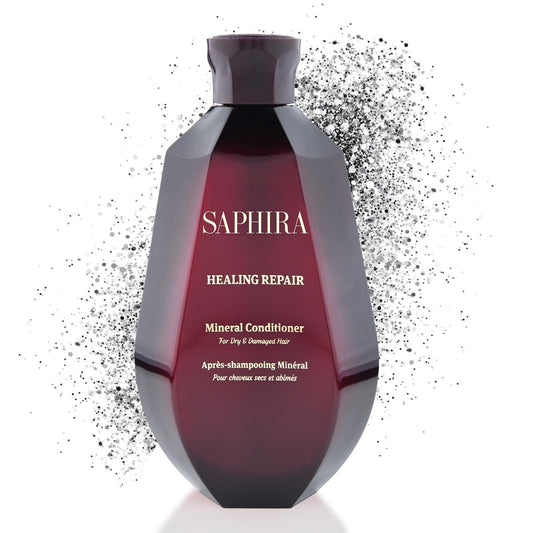 Saphira Healing Repair Conditioner bottle on shelf for easy detangling.