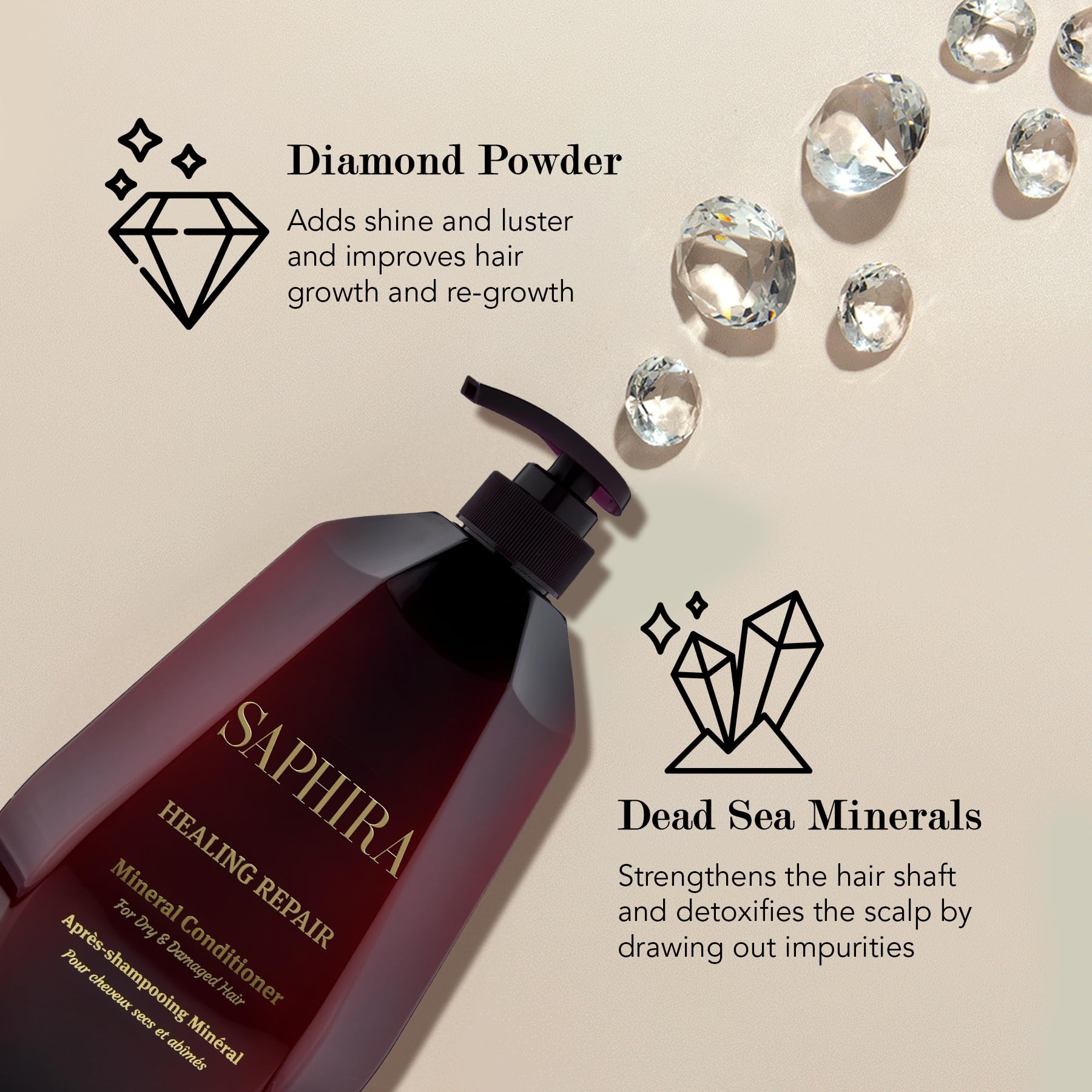 Saphira Healing Repair Conditioner dispense pump demonstrates convenient application.