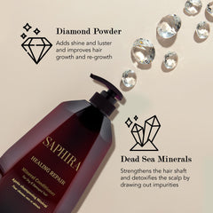 Saphira Healing Repair Conditioner dispense pump demonstrates convenient application.