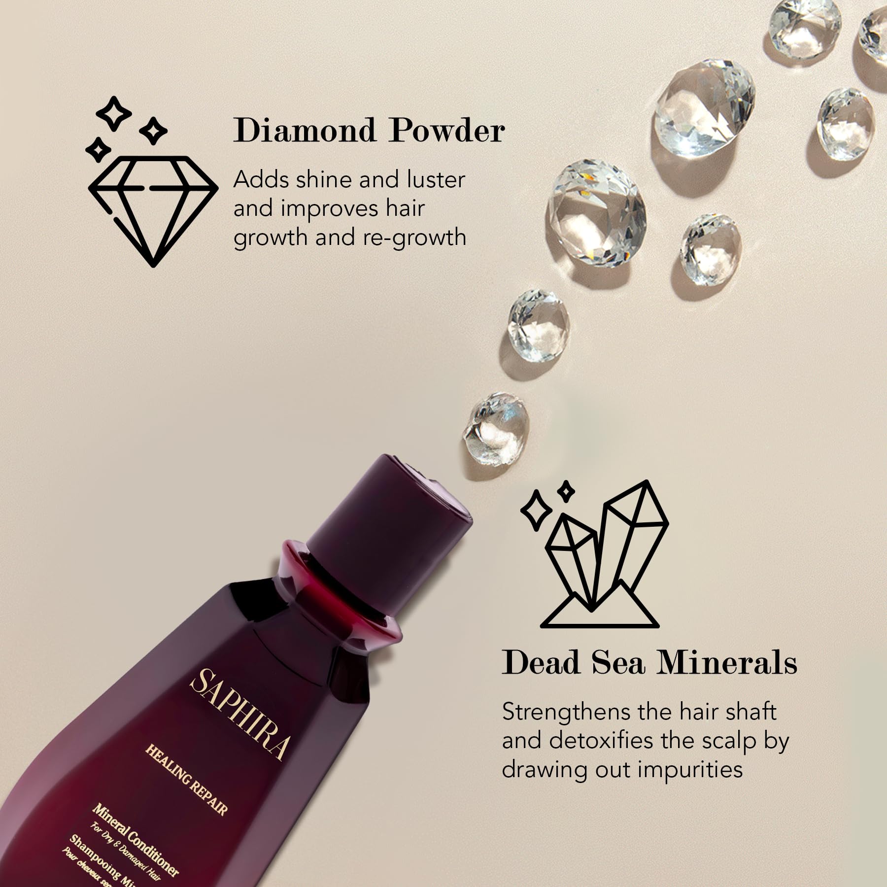 Hands applying Saphira Healing Repair Conditioner suggests smooth distribution and quick routine