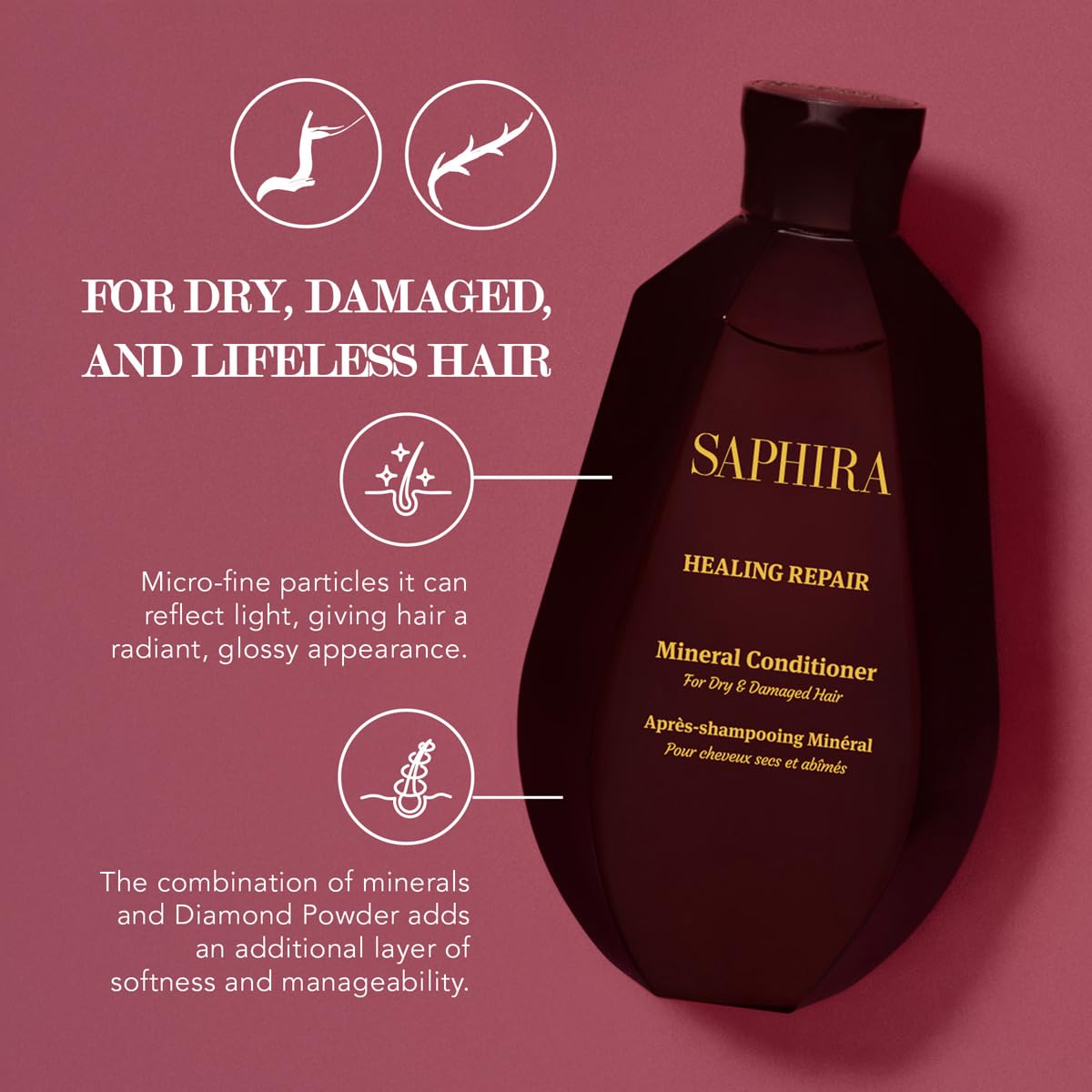 Close-up of Saphira Healing Repair Conditioner label on premium packaging.