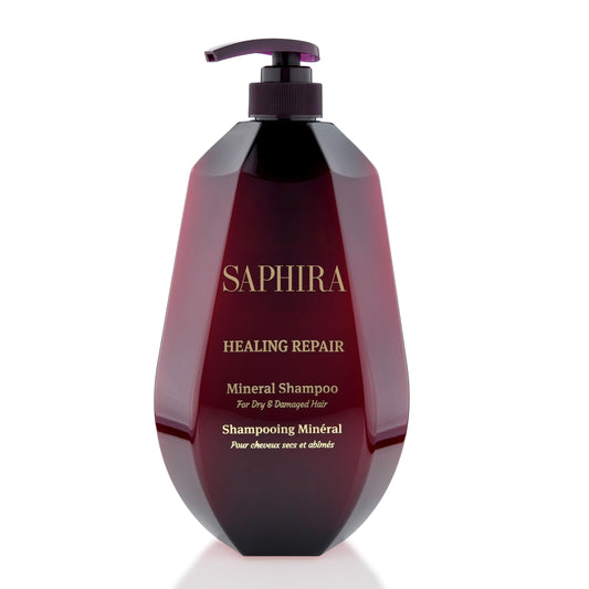 Saphira Healing Repair Shampoo bottle shown, emphasizing 34oz size for long-lasting hydration.