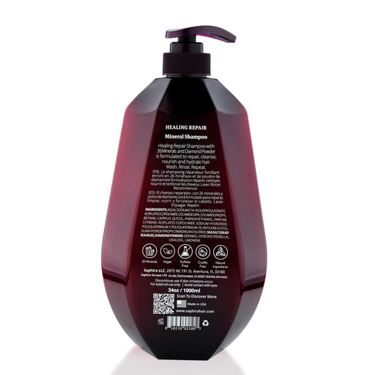 Saphira Healing Repair Shampoo pour-stream demonstrates easy application and rich lather.