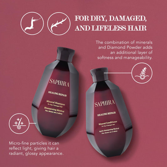 Saphira Healing Repair Shampoo bottle closeup showing silky texture