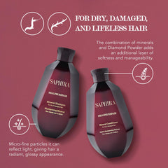 Saphira Healing Repair Shampoo bottle closeup showing silky texture