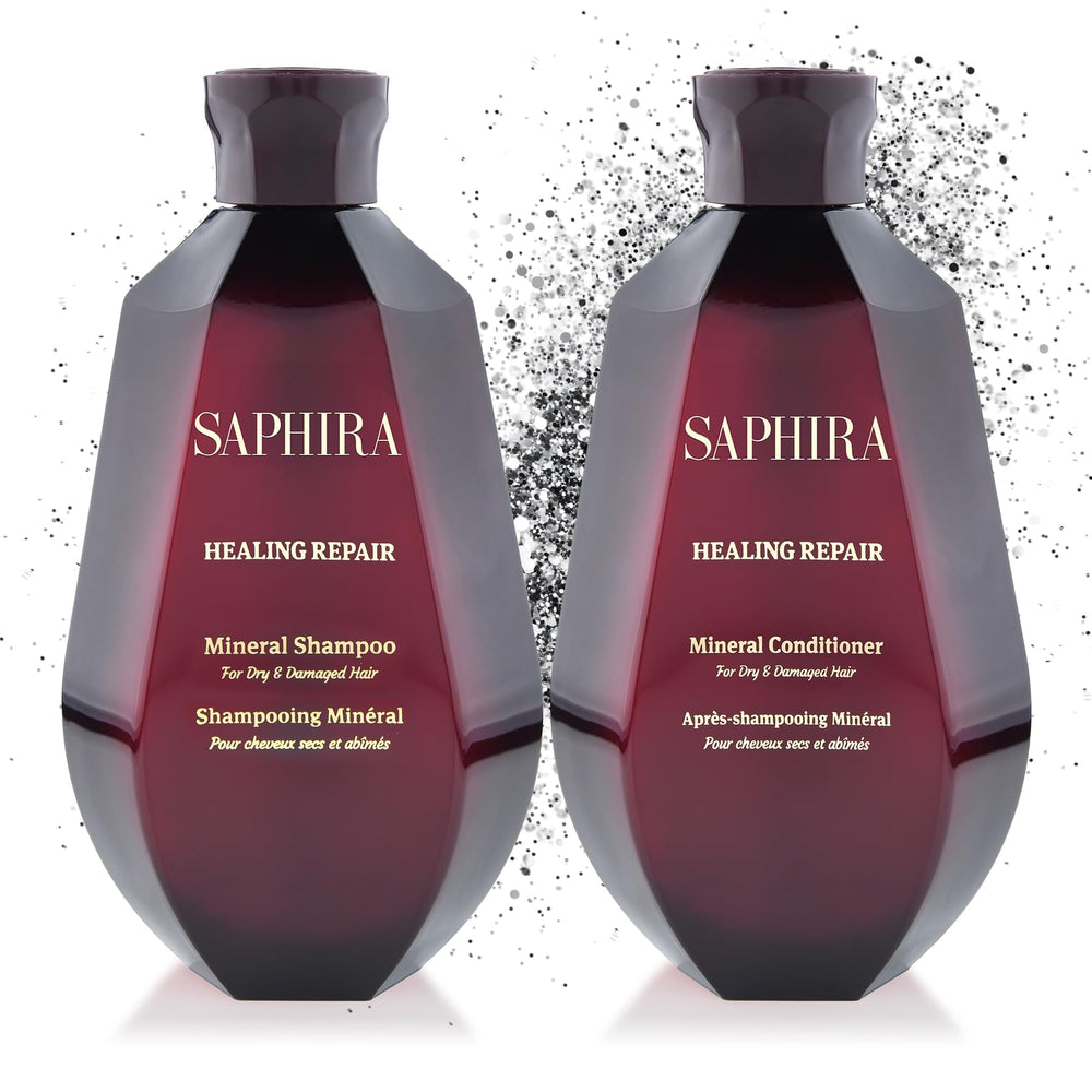 Saphira Healing Repair Shampoo bottle pour, delivering a soothing cleanse