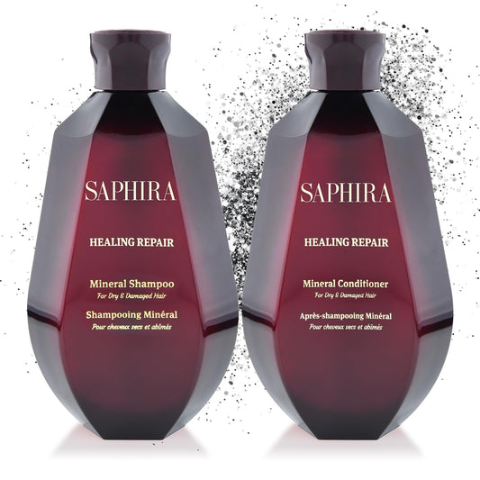 Saphira Healing Repair Shampoo bottle pour, delivering a soothing cleanse