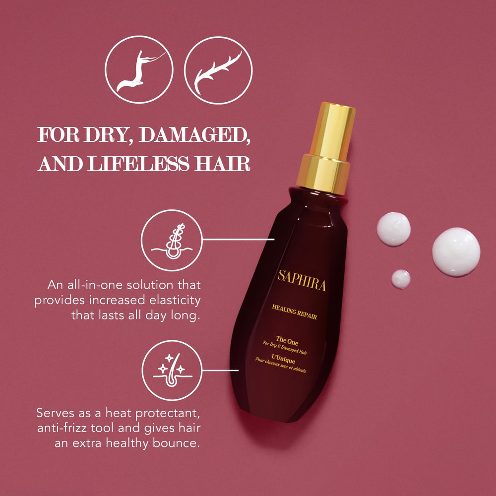 Saphira Healing Repair The One bottle label highlights minerals for stronger-looking hair
