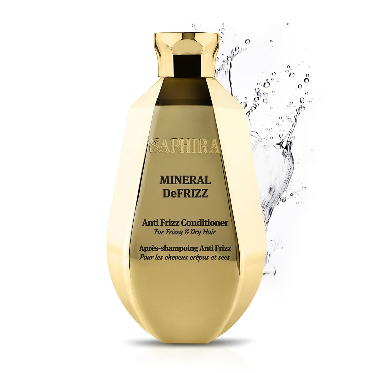 Saphira Mineral DeFrizz conditioner bottle for frizz control and smooth shine.