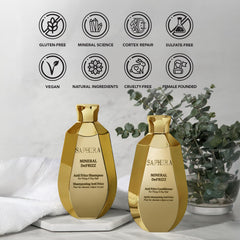 Saphira Mineral DeFrizz conditioner packaging displayed on bathroom shelf.
