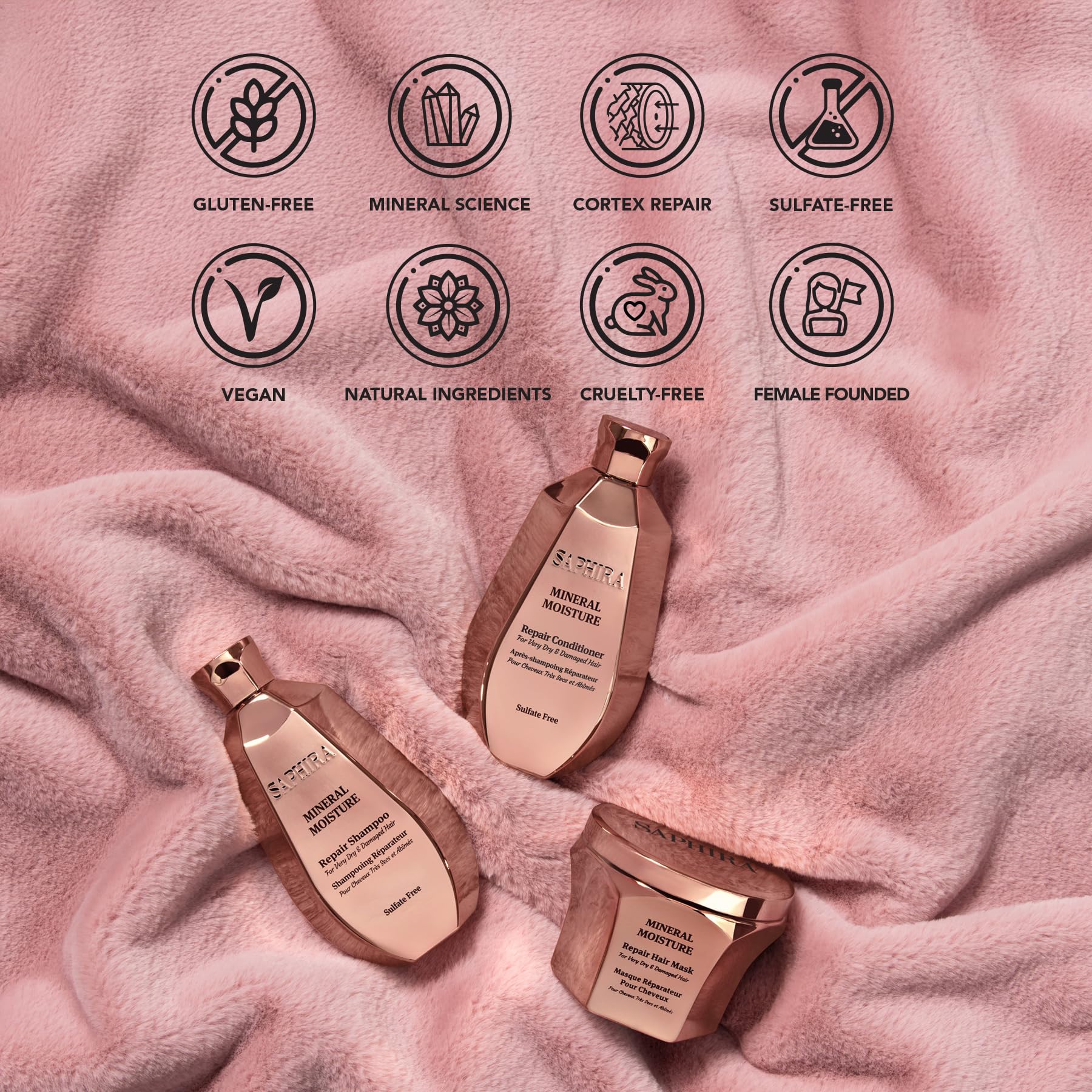 Saphira Mineral Moisture Repair Conditiner on sink promotes simple, daily hair care routine.