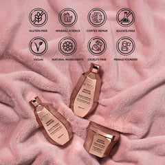 Saphira Mineral Moisture Repair Conditiner on sink promotes simple, daily hair care routine.