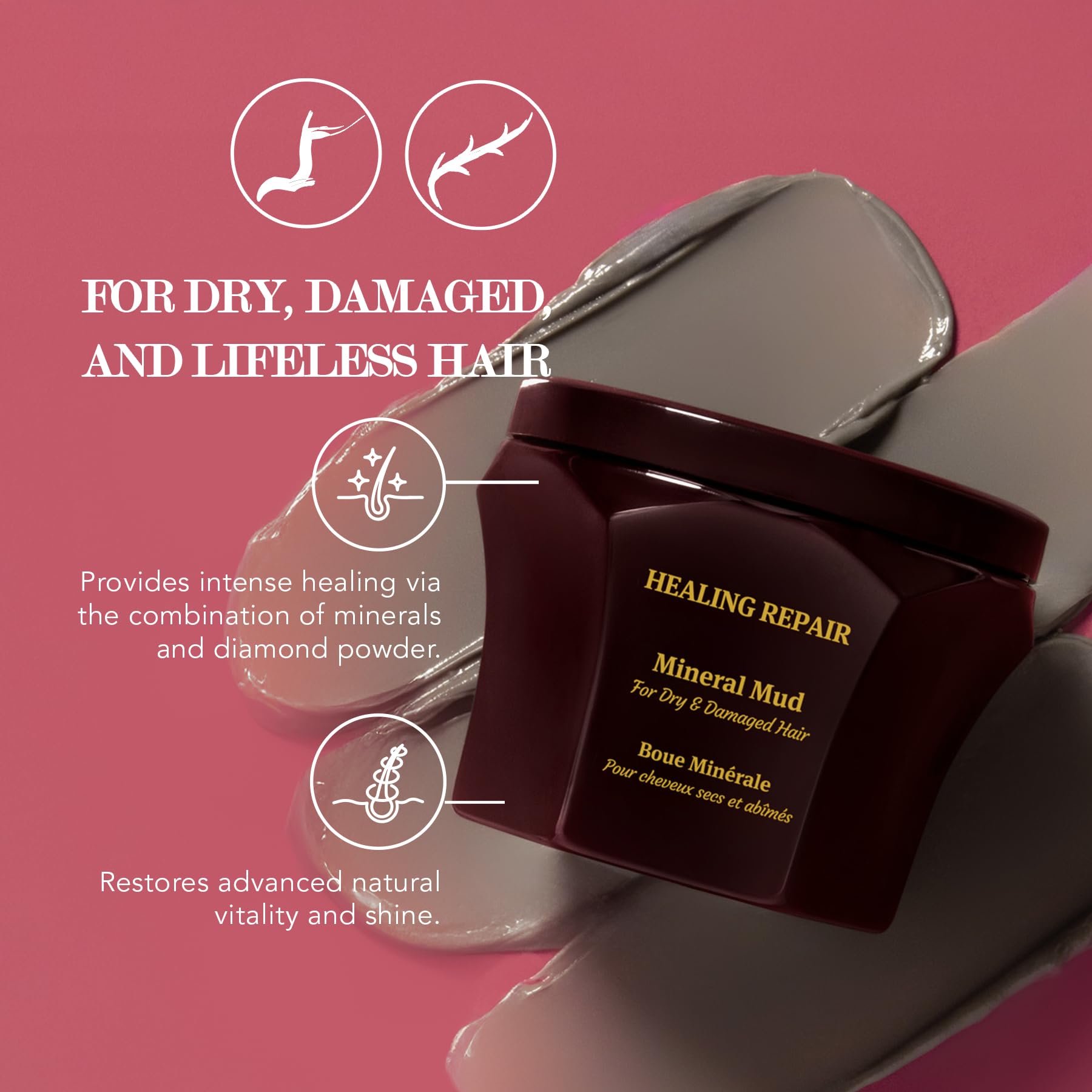 Saphira Mineral Mud Hair Mask jar shown for home treatment and renewal