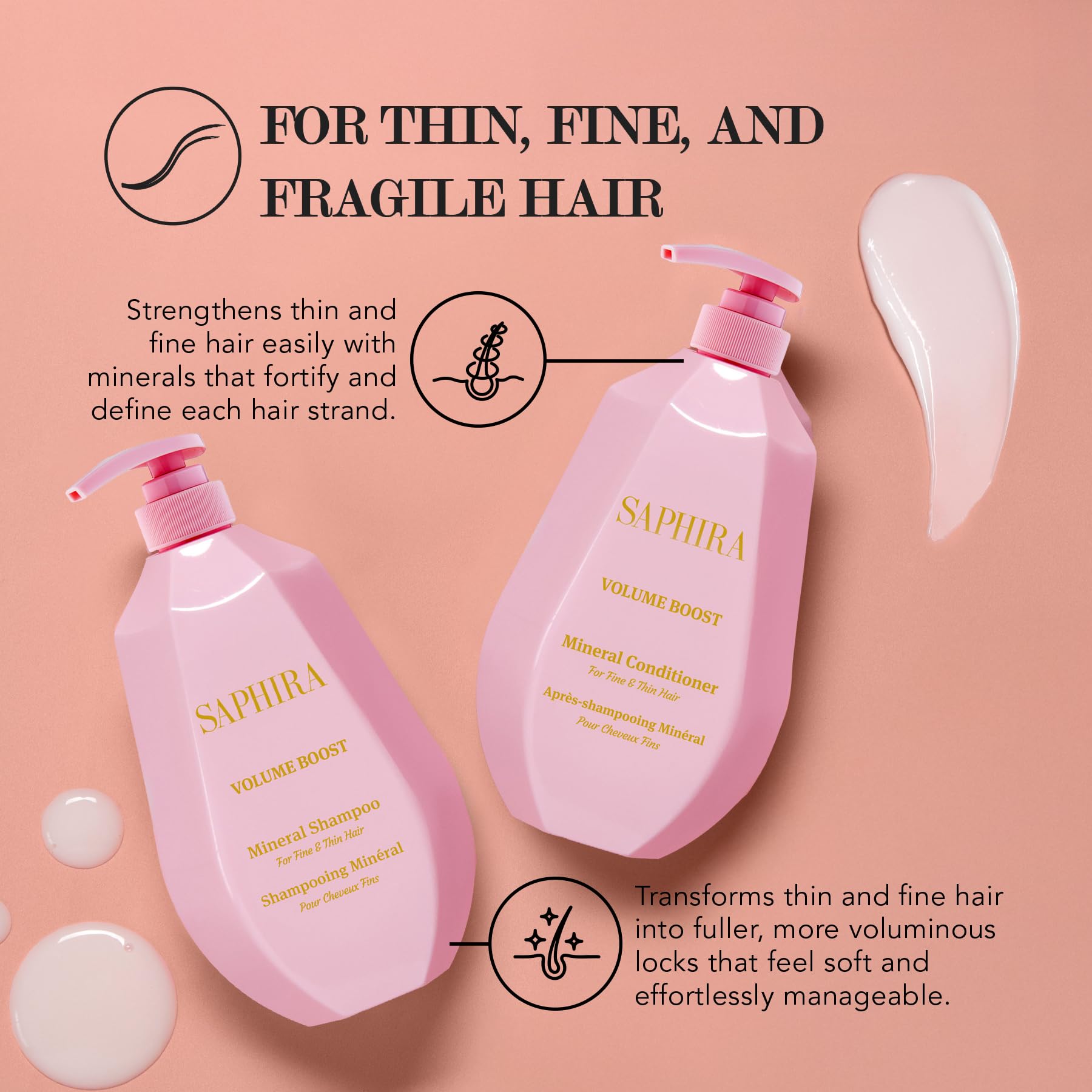 Saphira Volume Boost Conditioner bottle emphasizing detangling and smoothness