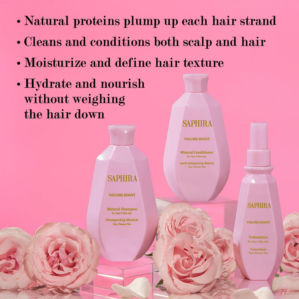 Saphira Volume Boost Conditioner on sink with hair ready for styling