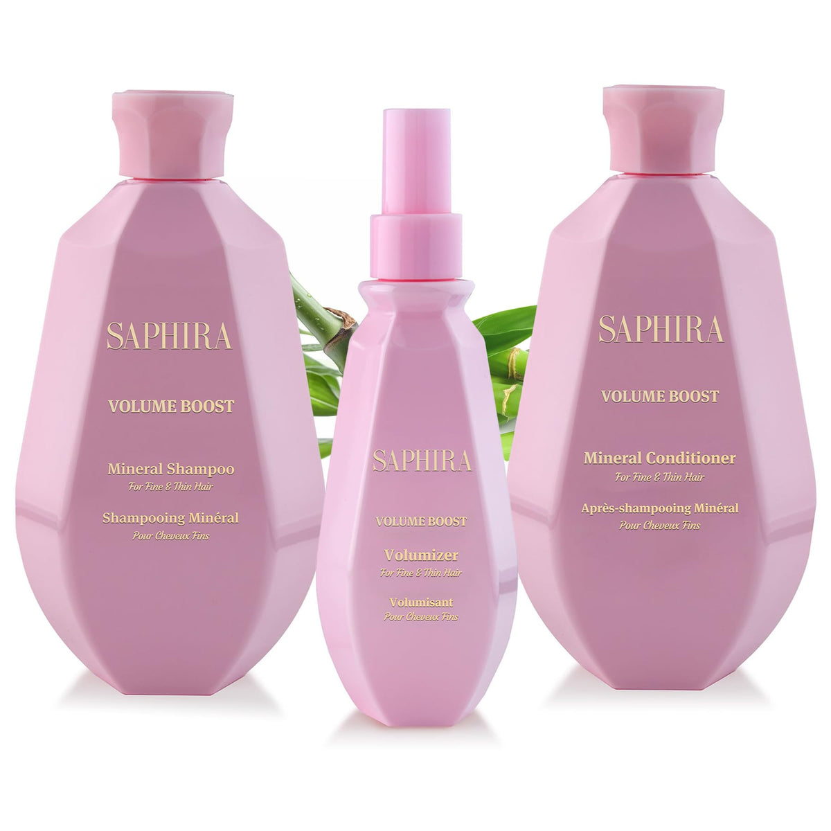 Saphira Volume Boost Kit shampoo bottle showing body-enhancing formula for fuller-looking hair