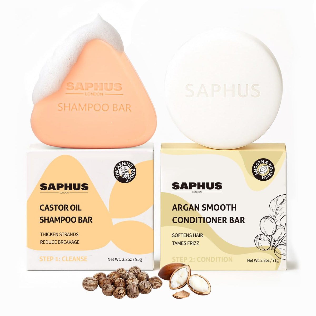 SAPHUS castor oil shampoo bar packaging highlights plastic-free design for sustainable care