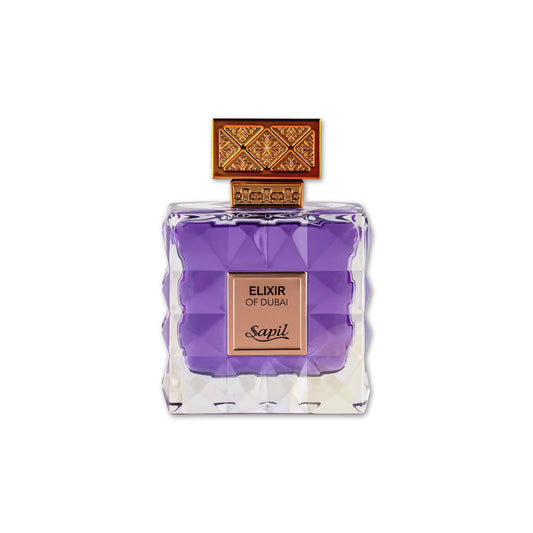 Sapil Elixir of Dubai bottle on vanity, suggesting premium unisex fragrance.