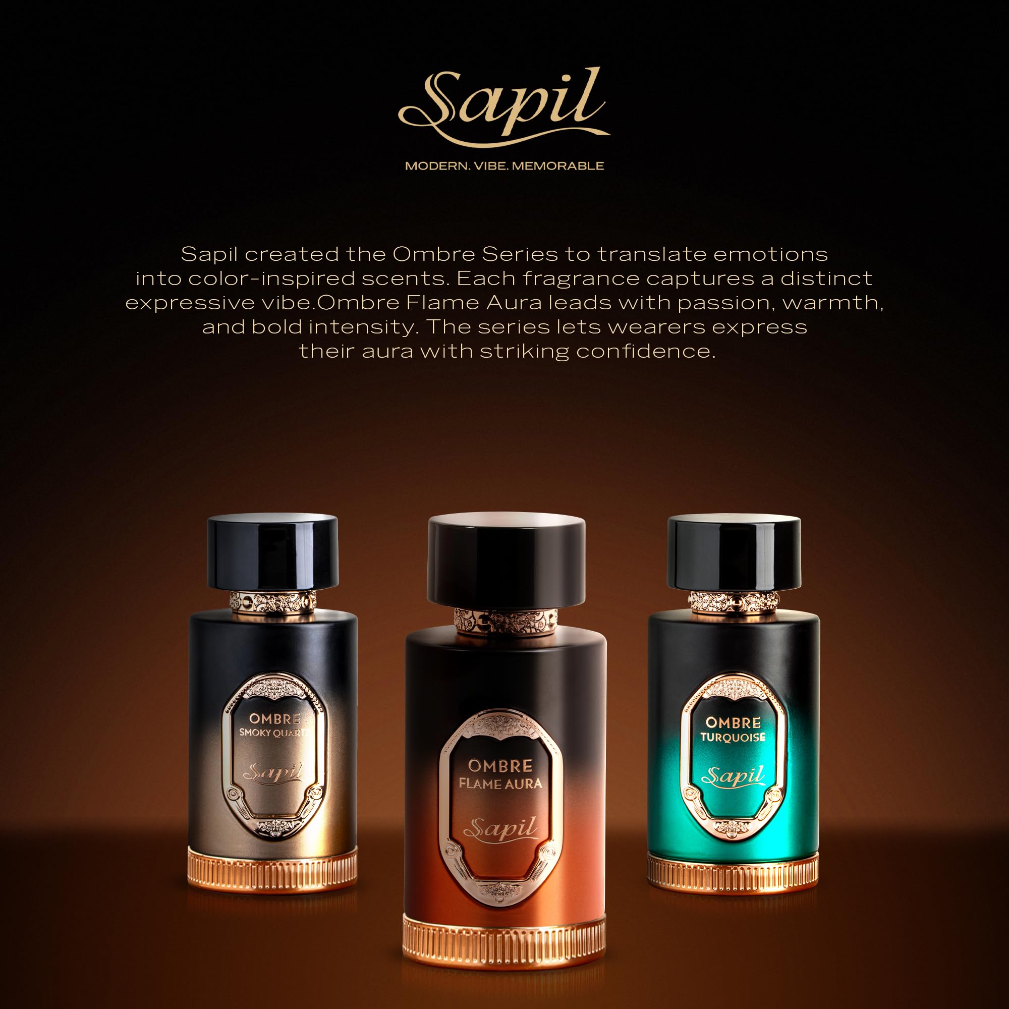 100 ml Sapil Ombre Flame Aura bottle showcased as versatile day-to-night option