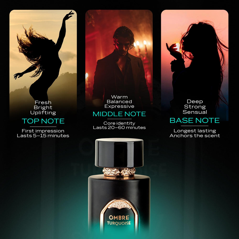 Sapil Ombre Turquoise liquid glow in glass suggests warm amber-wood notes.