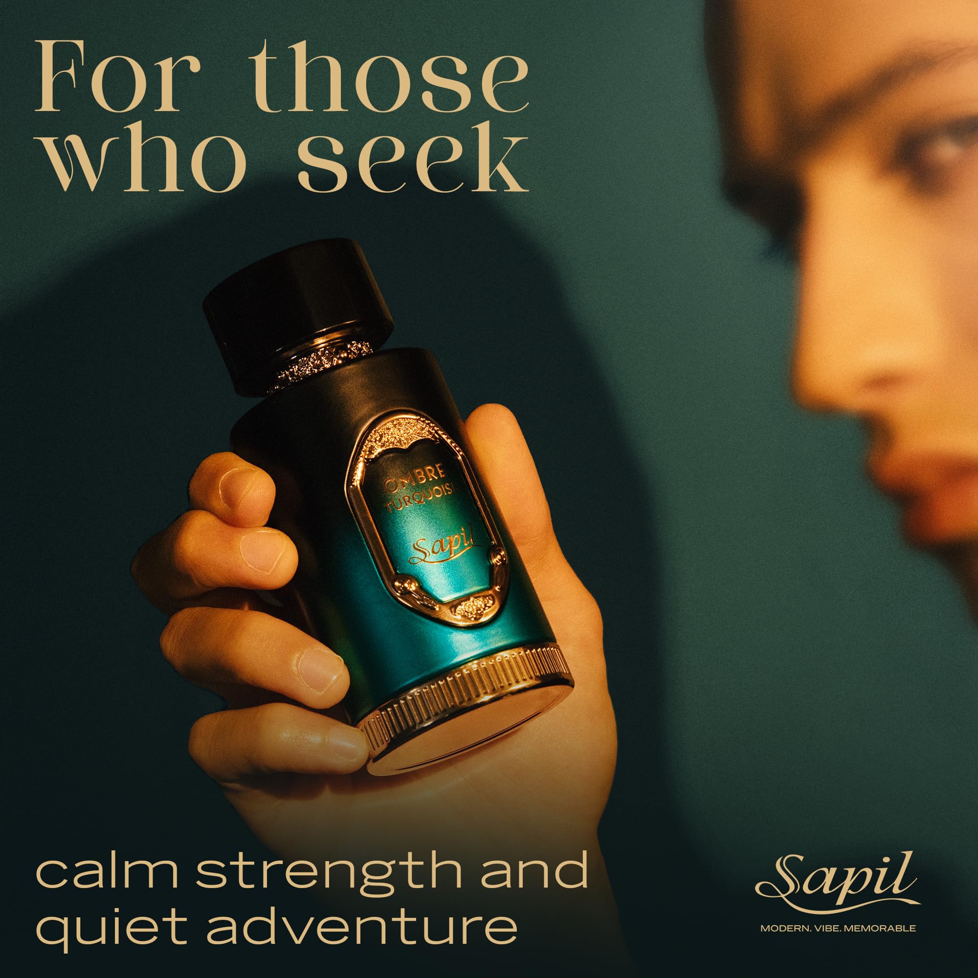 Sapil Ombre Turquoise bottle against natural wood enhances versatile daytime wear.