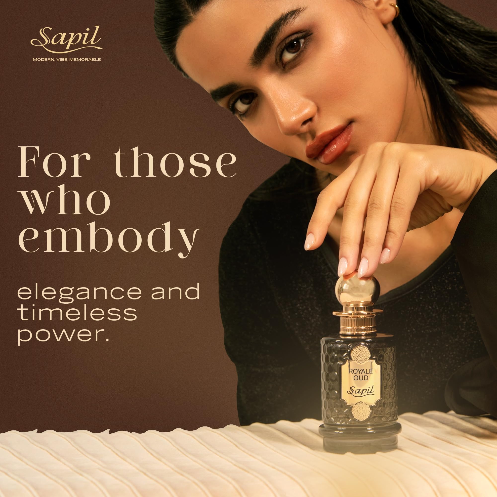 Sapil Royale Oud dry-down with musk and patchouli leaves a smooth, earthy trail.