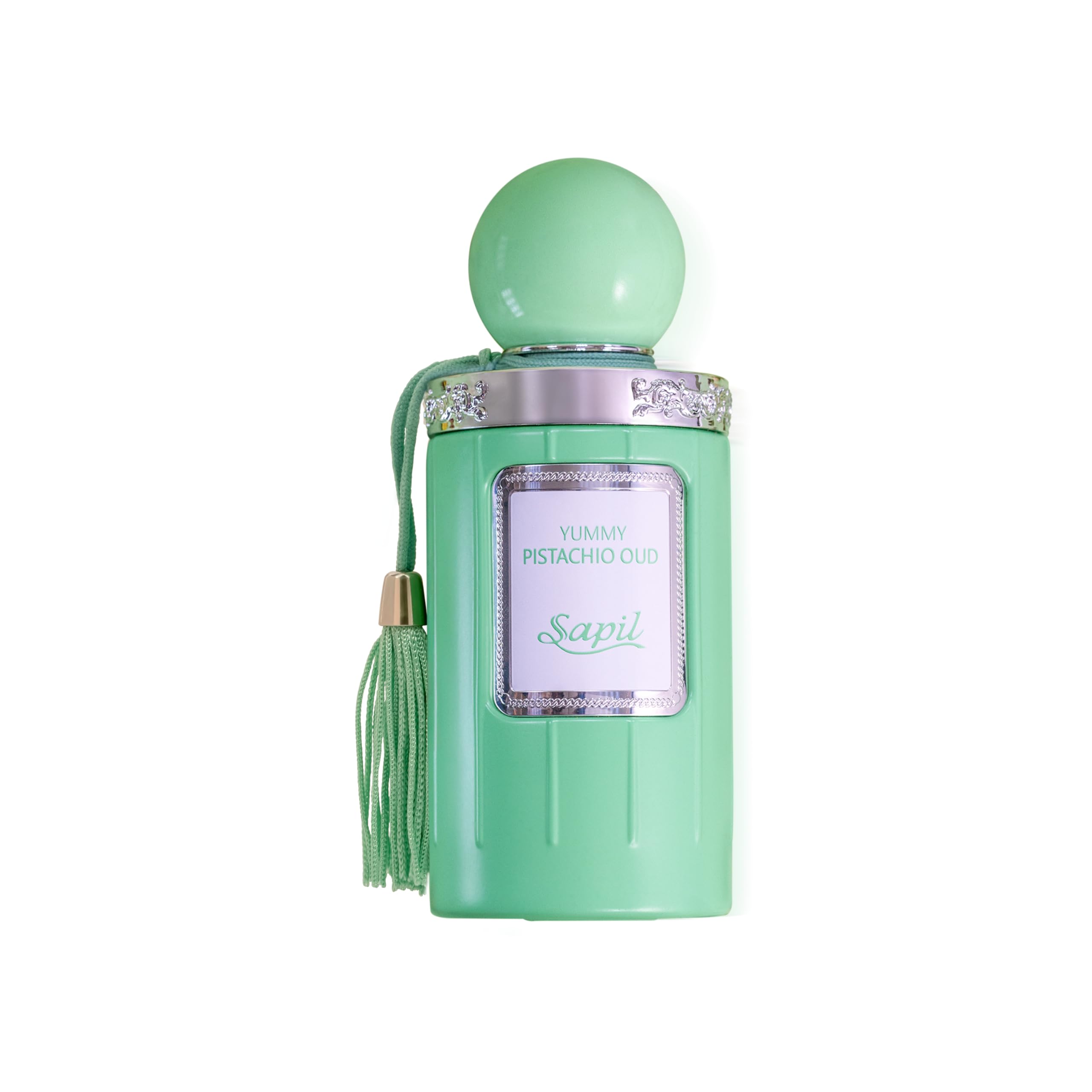 Sapil Yummy Pistachio Oud bottle front showing cream-gold label for everyday wear