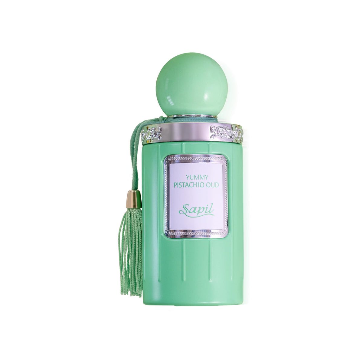 Sapil Yummy Pistachio Oud bottle front showing cream-gold label for everyday wear