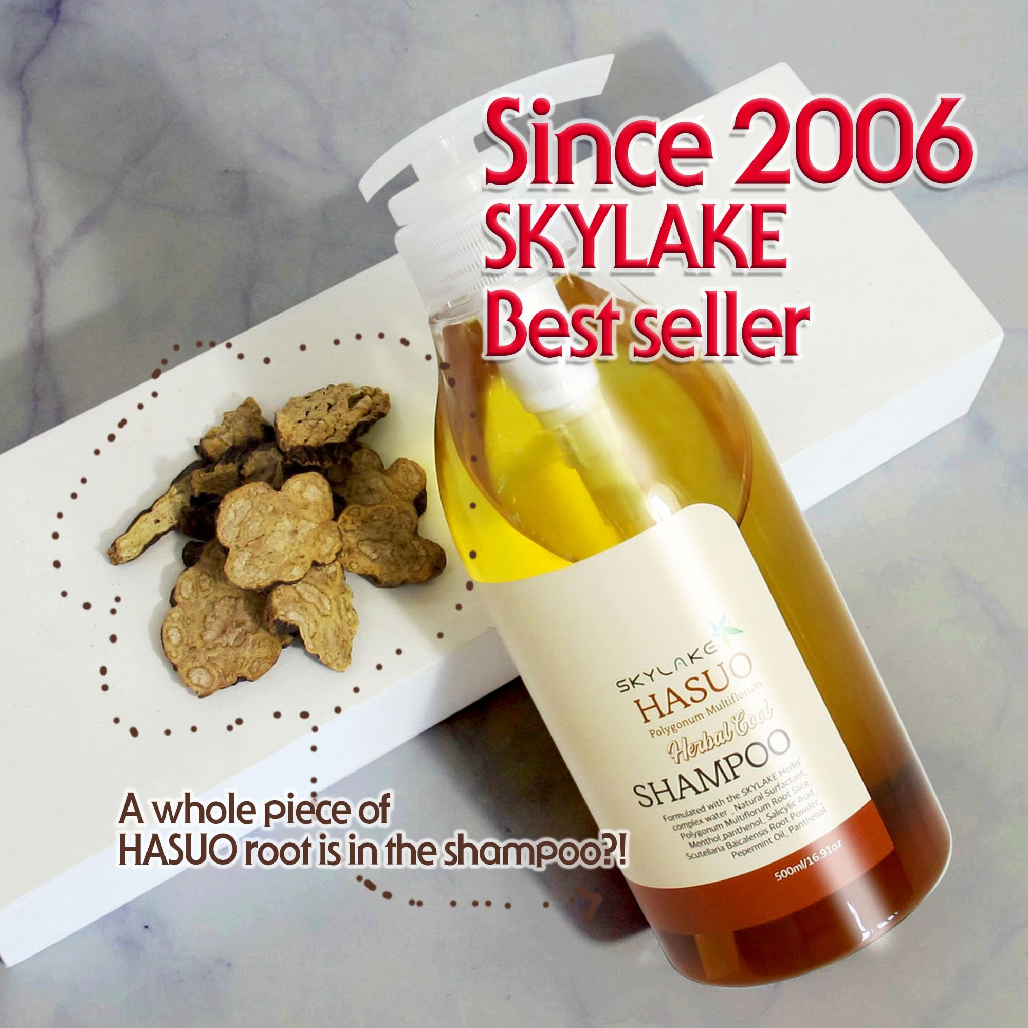 Close-up of herbal distillate ingredients in Skylake Hasuo bottle.