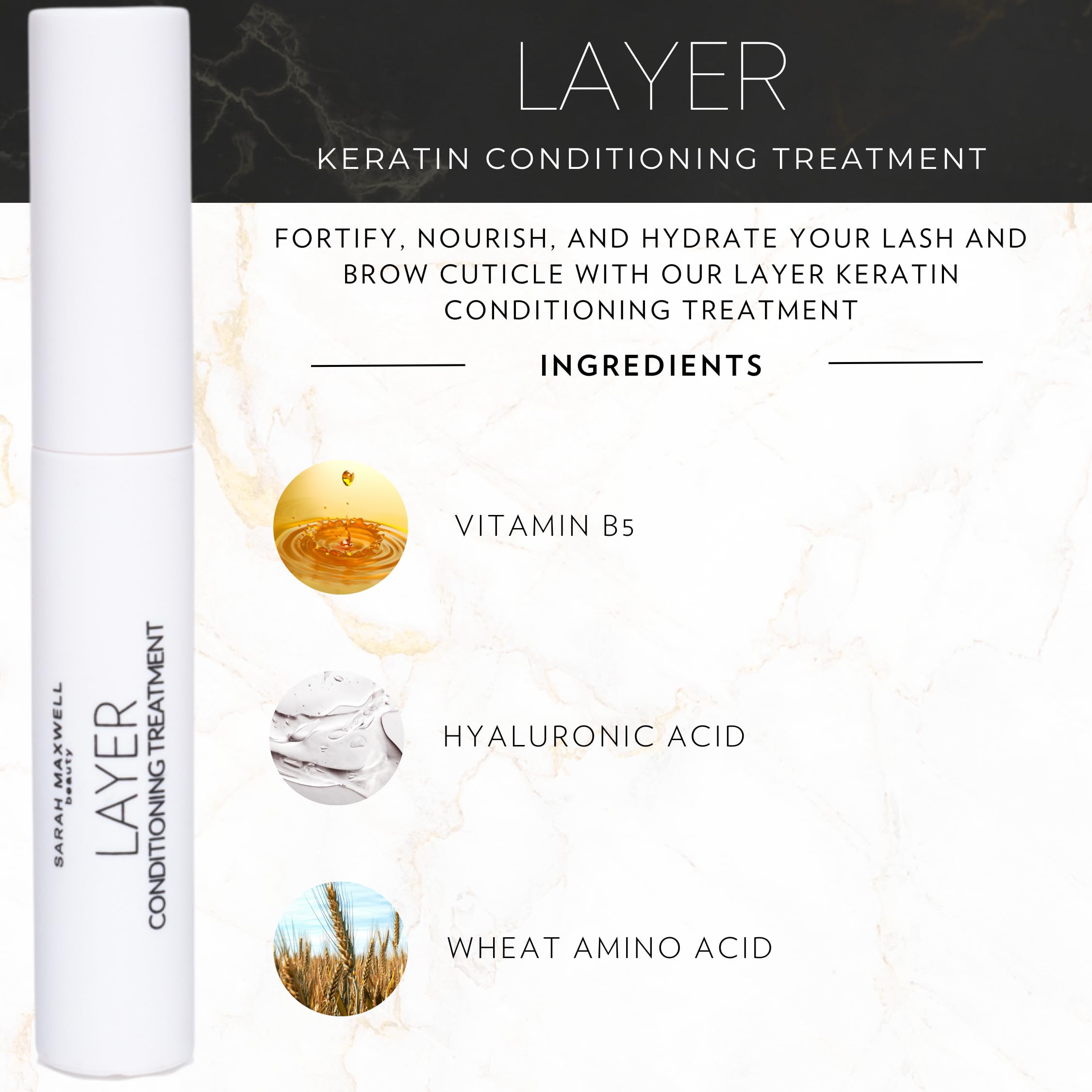 Sarah Maxwell LAYER keratin bottle closeup highlighting keratin-rich formula