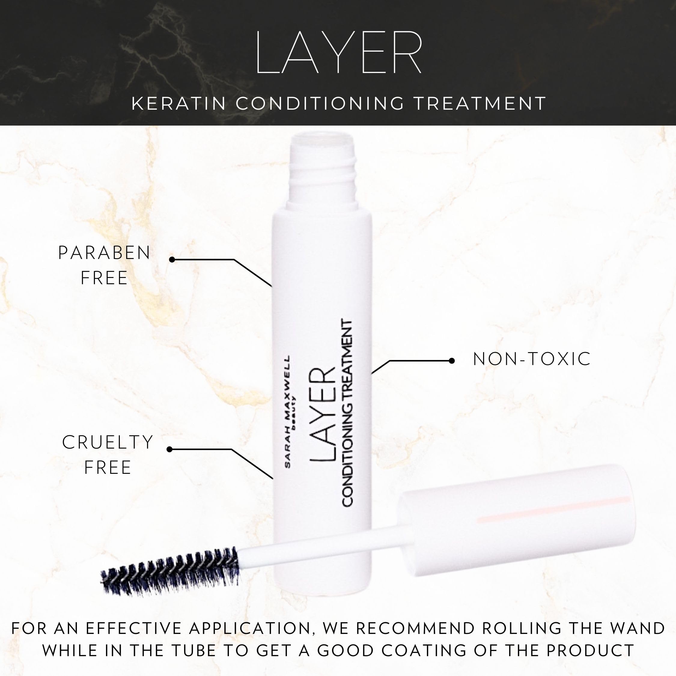 Sarah Maxwell LAYER clear mascara brow gel in use for hold