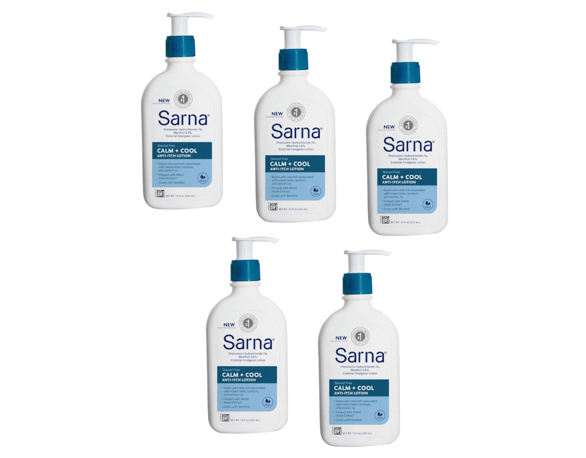 Sarna Calm + Cool lotion bottle shown for fast itch relief on bites.