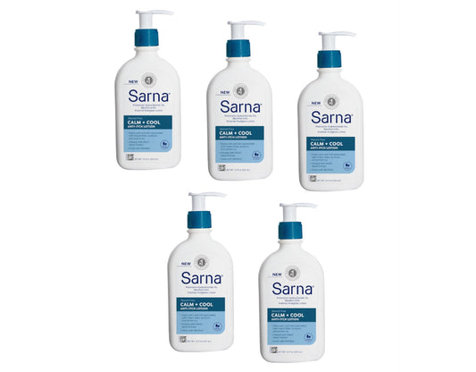 Sarna Calm + Cool lotion bottle shown for fast itch relief on bites.