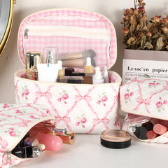 Sarrany makeup pouch with large opening keeps foundations, brushes, and lipsticks easy to access.