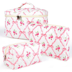 Sarrany quilted makeup bag with floral design, ideal for organizing cosmetics on the go.