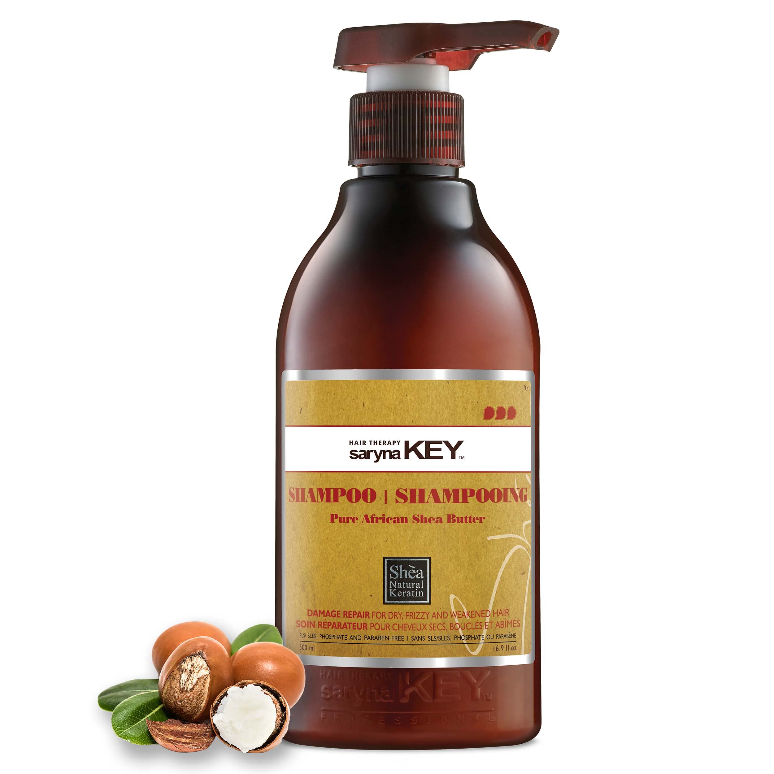 Saryna Key damage repair shampoo bottle promotes deep hydration.