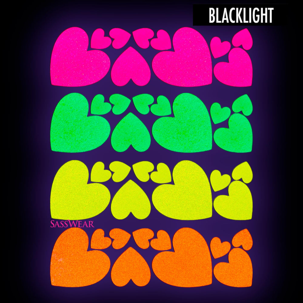 Sasswear blacklight heart stickers hypoallergenic latex-free adhesive for comfortable wear