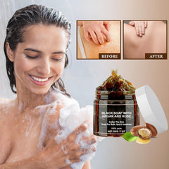 Satasiam Morocco Black Soap lather on hands shows hydration and cleansing