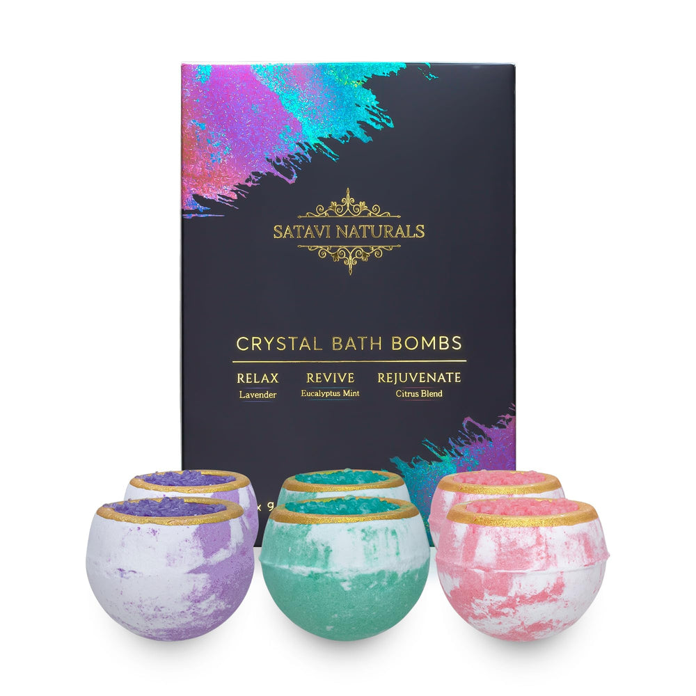Satavi Naturals crystal bath bombs gift set box showing premium spa design