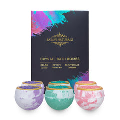 Satavi Naturals crystal bath bombs gift set box showing premium spa design
