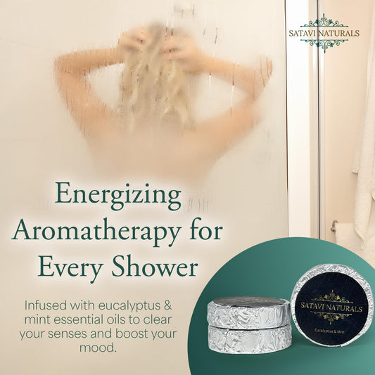 Satavi Naturals eucalyptus mint steamers releasing refreshing aroma for a spa-like shower.