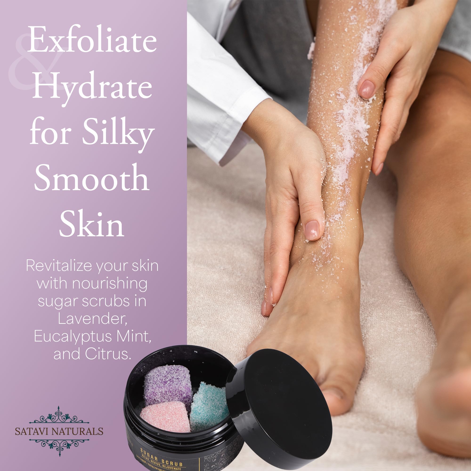 Satavi Naturals lavender sugar scrub exfoliating and nourishing the skin.