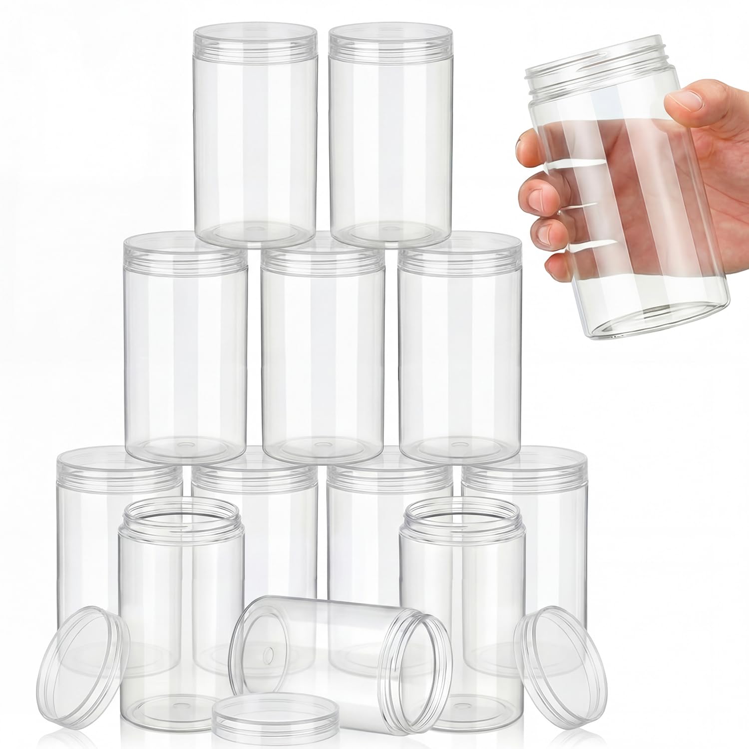 SATINIOR 12-pack clear jars with lids for toiletries and samples, sturdy and refillable.