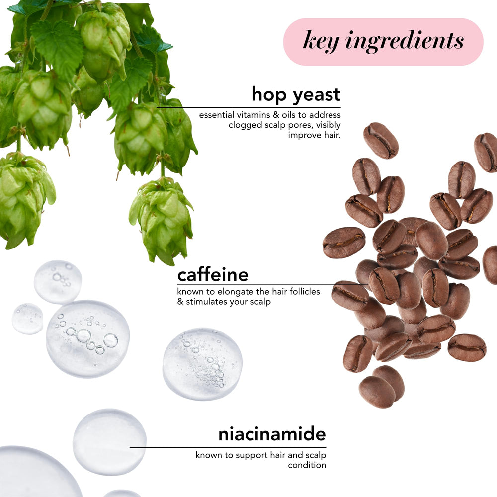 Close-up of peptides, caffeine and hop yeast as key ingredients for vitality.