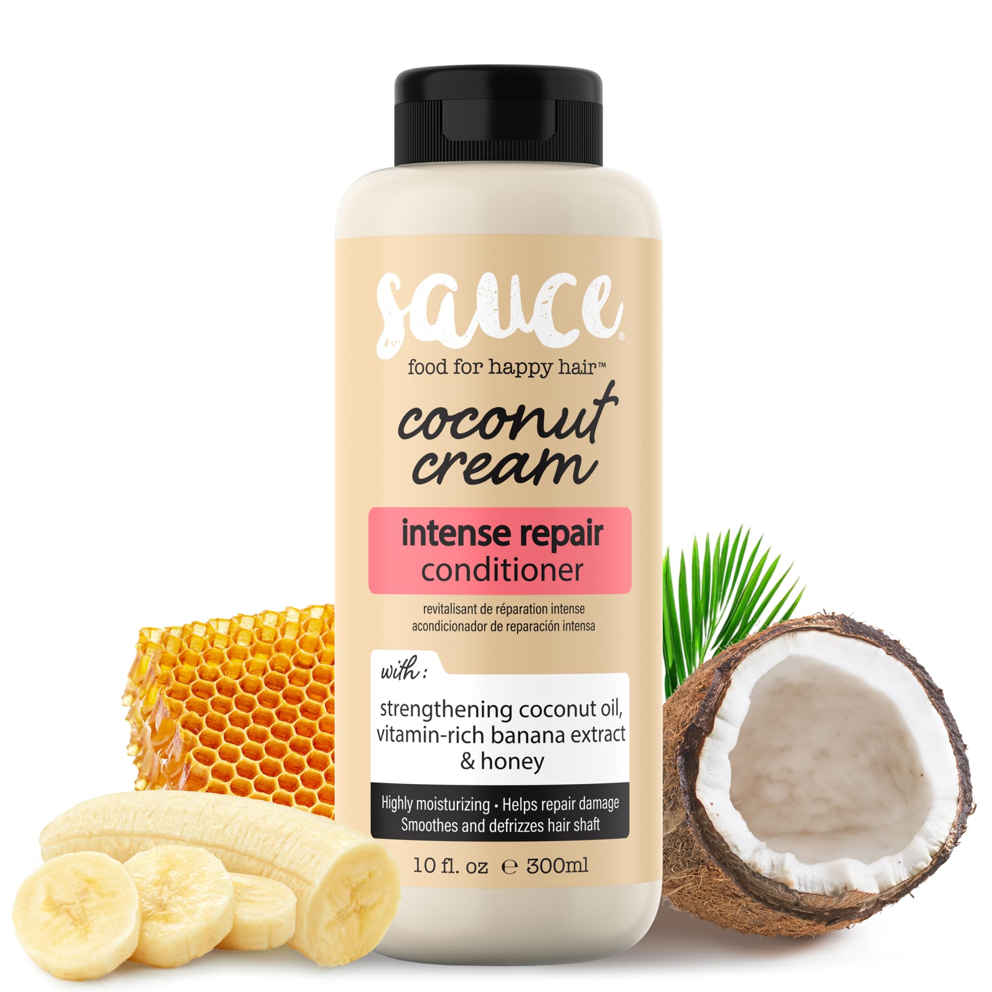 Sauce Beauty Coconut Cream Conditioner bottle shows frizz-control formula.