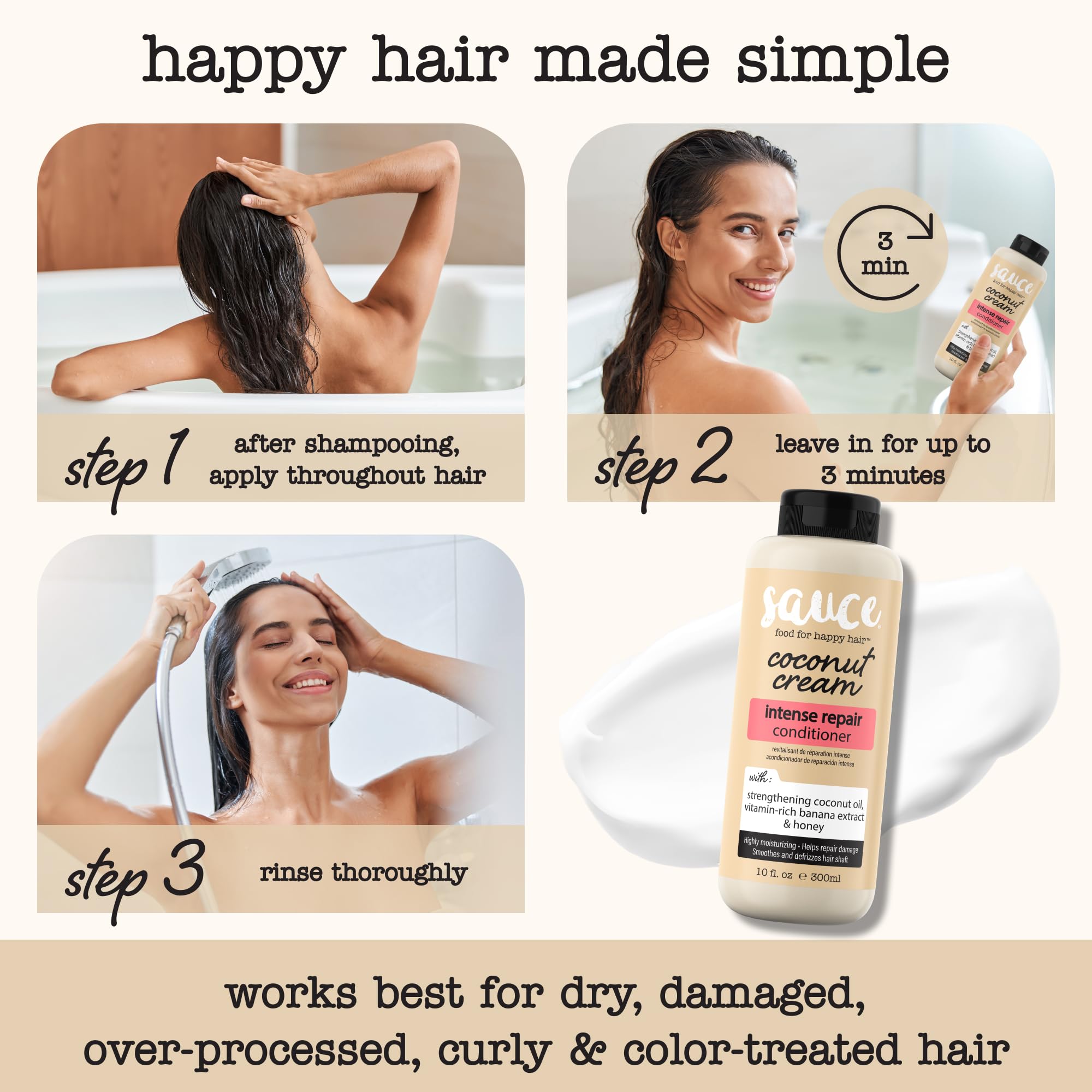 Sauce Beauty Coconut Cream Conditioner on dry hair adds moisture.